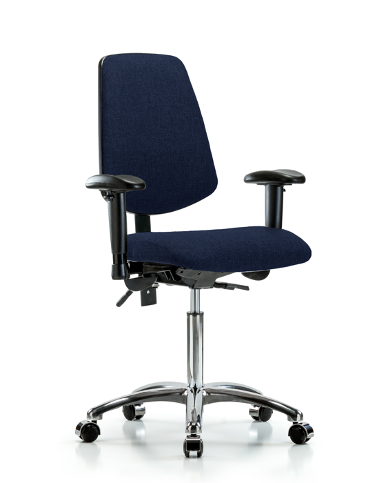Blue Ridge Ergonomics FMBCH-MB-CR-T1-A1-NF-CC-F45 Rutledge Fabric Chair Chrome - Medium Bench Height with Medium Back, Seat Tilt, Adjustable Arms, & Casters in Navy Fabric