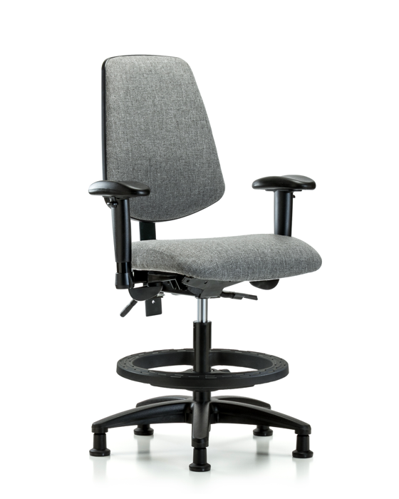 Blue Ridge Ergonomics FMBCH-MB-RG-T0-A1-BF-RG-F44 Rutledge Fabric Chair - Medium Bench Height with Medium Back, Adjustable Arms, Black Foot Ring, & Stationary Glides in Gray Fabric