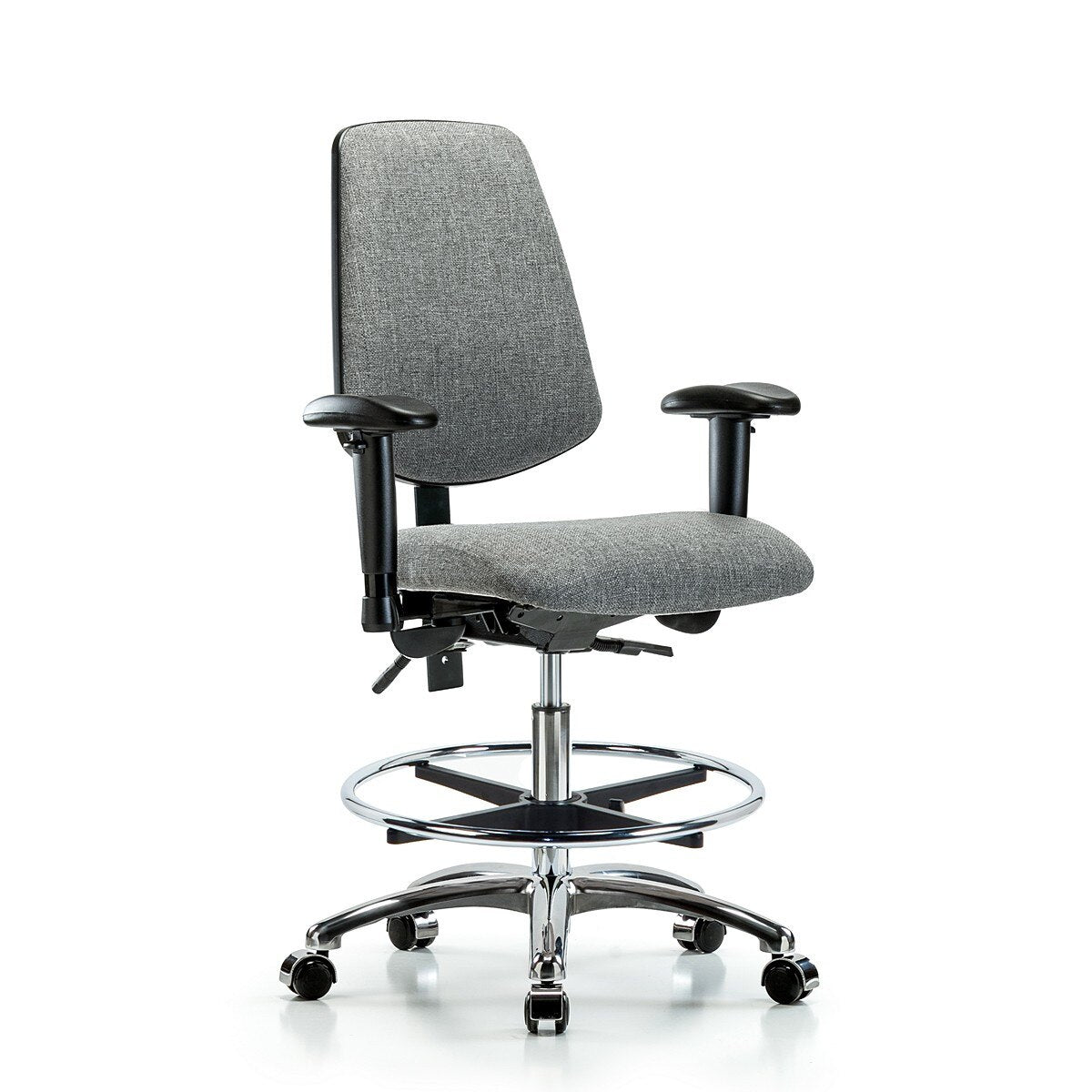 Blue Ridge Ergonomics FMBCH-MB-RG-T0-A1-CF-RC-F44 Rutledge Fabric Chair - Medium Bench Height with Medium Back, Adjustable Arms, Chrome Foot Ring, & Casters in Gray Fabric
