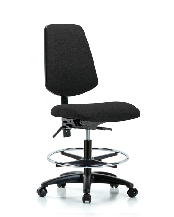 Blue Ridge Ergonomics FMBCH-MB-RG-T1-A0-CF-RC-F42 Rutledge Fabric Chair - Medium Bench Height with Medium Back, Seat Tilt, Chrome Foot Ring, & Casters in Black Fabric