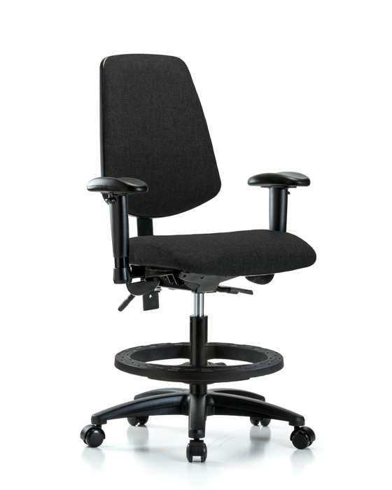Blue Ridge Ergonomics FMBCH-MB-RG-T1-A1-BF-RC-F42 Rutledge Fabric Chair - Medium Bench Height with Medium Back, Seat Tilt, Adjustable Arms, Black Foot Ring, & Casters in Black Fabric