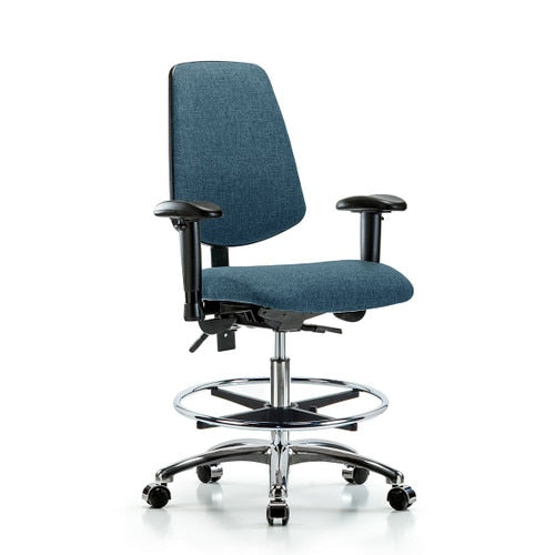Blue Ridge Ergonomics FMBCH-MB-RG-T1-A1-CF-RC-F43 Rutledge Fabric Chair - Medium Bench Height with Medium Back, Seat Tilt, Adjustable Arms, Chrome Foot Ring, & Casters in Blue Fabric
