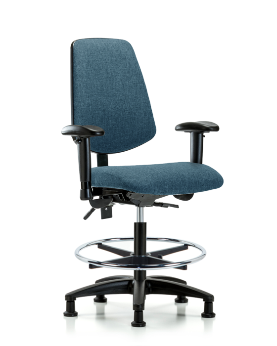 Blue Ridge Ergonomics FMBCH-MB-RG-T1-A1-CF-RG-F43 Rutledge Fabric Chair - Medium Bench Height with Medium Back, Seat Tilt, Adjustable Arms, Chrome Foot Ring, & Stationary Glides in Blue Fabric