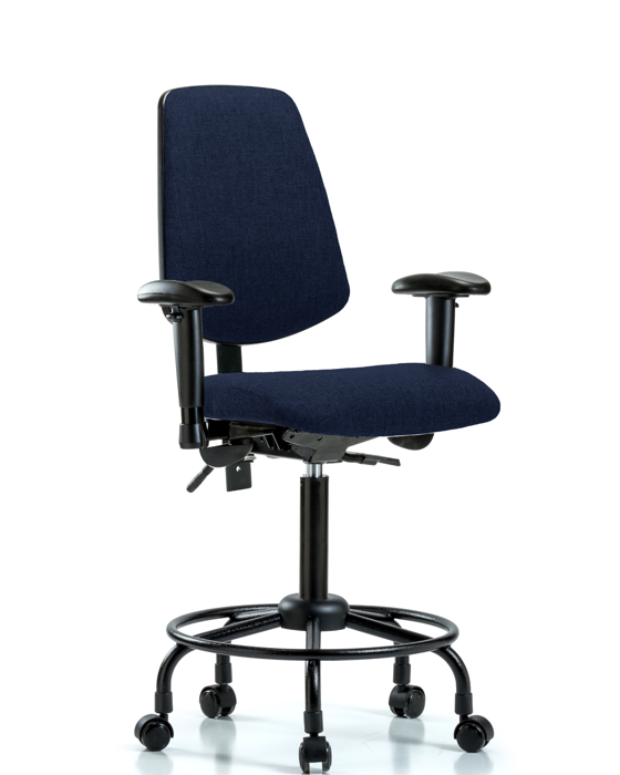 Blue Ridge Ergonomics FMBCH-MB-RT-T1-A1-RC-F45 Rutledge Fabric Chair - Medium Bench Height with Round Tube Base, Medium Back, Seat Tilt, Adjustable Arms, & Casters in Navy Fabric