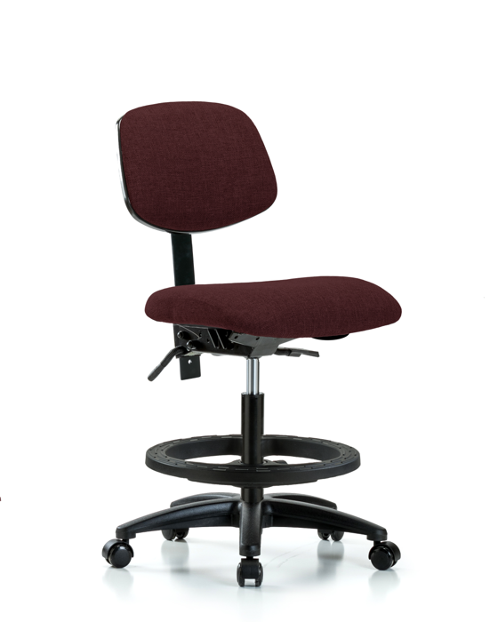 Blue Ridge Ergonomics FMBCH-RG-T0-A0-BF-RC-F41 Rutledge Fabric Chair - Medium Bench Height with Black Foot Ring & Casters in Burgundy Fabric