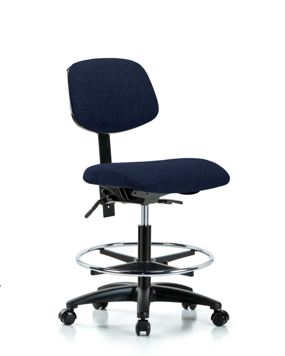 Blue Ridge Ergonomics FMBCH-RG-T0-A0-CF-RC-F45 Rutledge Fabric Chair - Medium Bench Height with Chrome Foot Ring & Casters in Navy Fabric