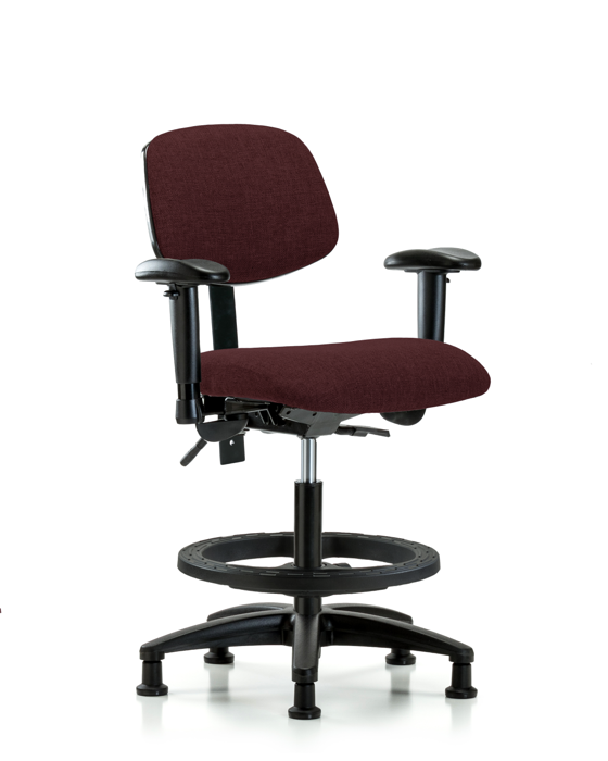 Blue Ridge Ergonomics FMBCH-RG-T0-A1-BF-RG-F41 Rutledge Fabric Chair - Medium Bench Height with Adjustable Arms, Black Foot Ring, & Stationary Glides in Burgundy Fabric