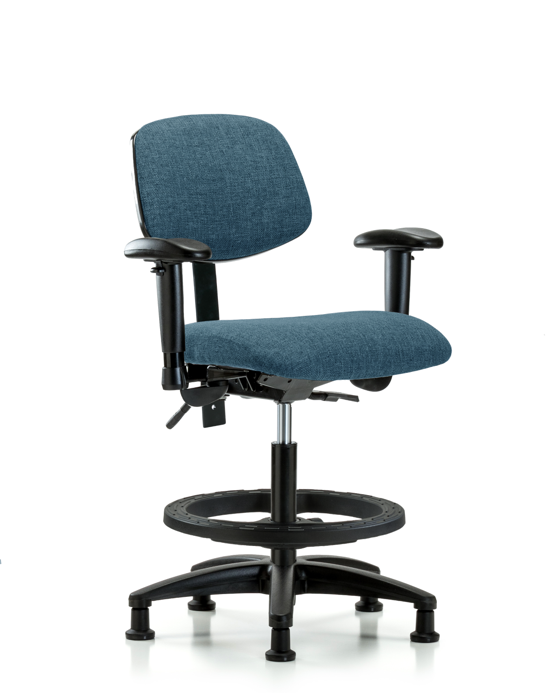 Blue Ridge Ergonomics FMBCH-RG-T0-A1-BF-RG-F43 Rutledge Fabric Chair - Medium Bench Height with Adjustable Arms, Black Foot Ring, & Stationary Glides in Blue Fabric