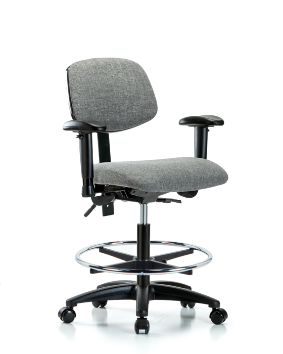 Blue Ridge Ergonomics FMBCH-RG-T0-A1-CF-RC-F44 Rutledge Fabric Chair - Medium Bench Height with Adjustable Arms, Chrome Foot Ring, & Casters in Gray Fabric