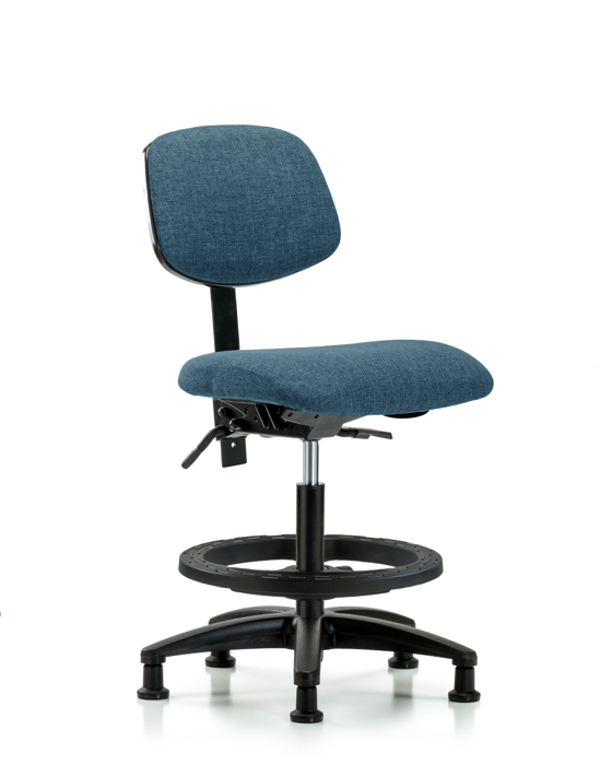 Blue Ridge Ergonomics FMBCH-RG-T1-A0-BF-RG-F43 Rutledge Fabric Chair - Medium Bench Height with Seat Tilt, Black Foot Ring, & Stationary Glides in Blue Fabric
