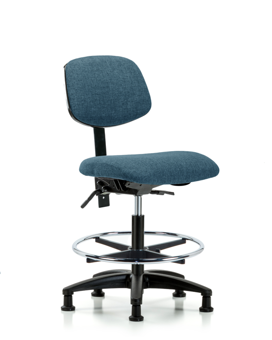 Blue Ridge Ergonomics FMBCH-RG-T1-A0-CF-RG-F43 Rutledge Fabric Chair - Medium Bench Height with Seat Tilt, Chrome Foot Ring, & Stationary Glides in Blue Fabric