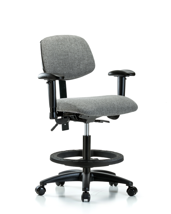 Blue Ridge Ergonomics FMBCH-RG-T1-A1-BF-RC-F44 Rutledge Fabric Chair - Medium Bench Height with Seat Tilt, Adjustable Arms, Black Foot Ring, & Casters in Gray Fabric