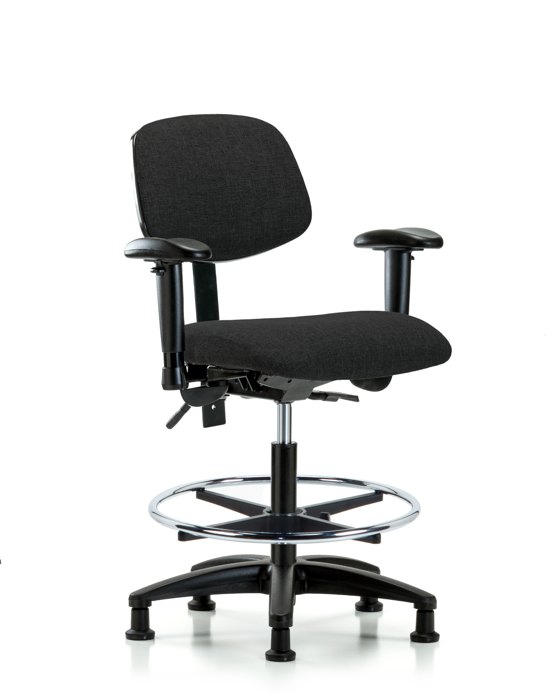 Blue Ridge Ergonomics FMBCH-RG-T1-A1-CF-RG-F42 Rutledge Fabric Chair - Medium Bench Height with Seat Tilt, Adjustable Arms, Chrome Foot Ring, & Stationary Glides in Black Fabric
