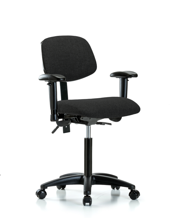 Blue Ridge Ergonomics FMBCH-RG-T1-A1-NF-RC-F42 Rutledge Fabric Chair - Medium Bench Height with Seat Tilt, Adjustable Arms, & Casters in Black Fabric