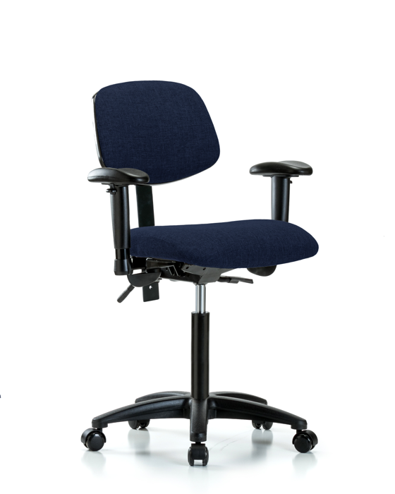 Blue Ridge Ergonomics FMBCH-RG-T1-A1-NF-RC-F45 Rutledge Fabric Chair - Medium Bench Height with Seat Tilt, Adjustable Arms, & Casters in Navy Fabric