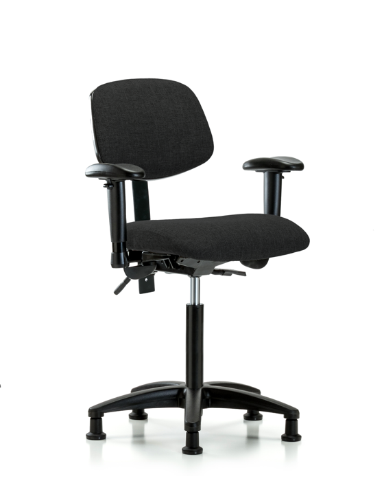 Blue Ridge Ergonomics FMBCH-RG-T1-A1-NF-RG-F42 Rutledge Fabric Chair - Medium Bench Height with Seat Tilt, Adjustable Arms, & Stationary Glides in Black Fabric