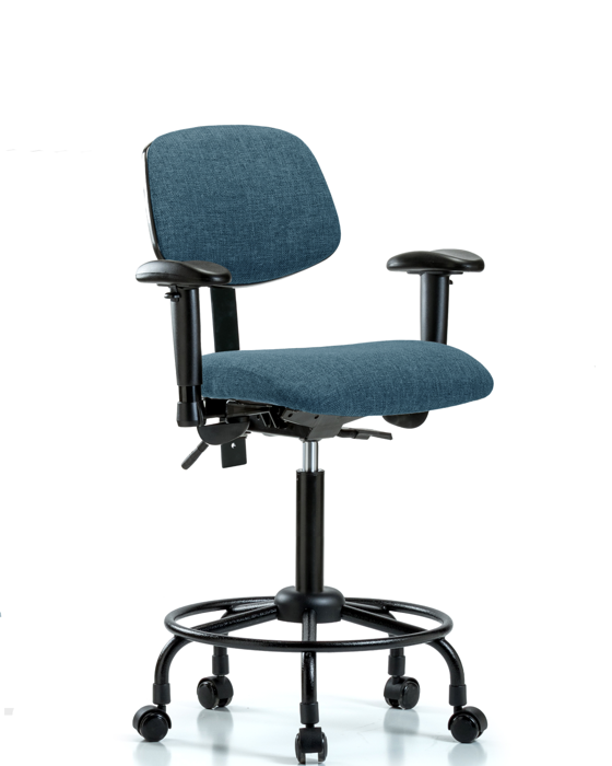 Blue Ridge Ergonomics FMBCH-RT-T0-A1-RC-F43 Rutledge Fabric Chair - Medium Bench Height with Round Tube Base, Adjustable Arms, & Casters in Blue Fabric