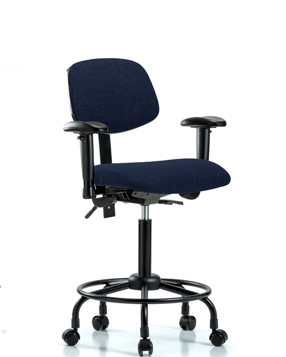 Blue Ridge Ergonomics FMBCH-RT-T0-A1-RC-F45 Rutledge Fabric Chair - Medium Bench Height with Round Tube Base, Adjustable Arms, & Casters in Navy Fabric