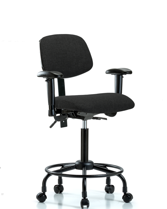 Blue Ridge Ergonomics FMBCH-RT-T1-A1-RC-F42 Rutledge Fabric Chair - Medium Bench Height with Round Tube Base, Seat Tilt, Adjustable Arms, & Casters in Black Fabric