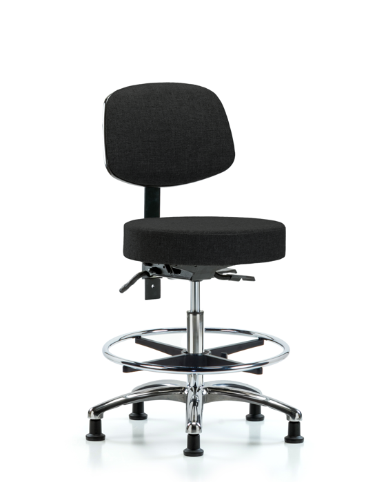 Blue Ridge Ergonomics FMBST-CR-T1-CF-RG-F42 Rutledge Fabric Stool with Back Chrome - Medium Bench Height with Seat Tilt, Chrome Foot Ring, & Stationary Glides in Black Fabric