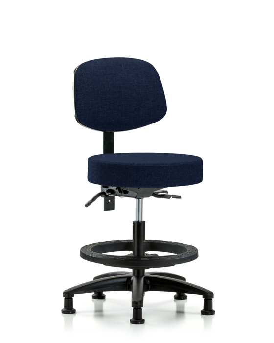 Blue Ridge Ergonomics FMBST-RG-T0-BF-RG-F45 Rutledge Fabric Stool with Back - Medium Bench Height with Black Foot Ring & Stationary Glides in Navy Fabric