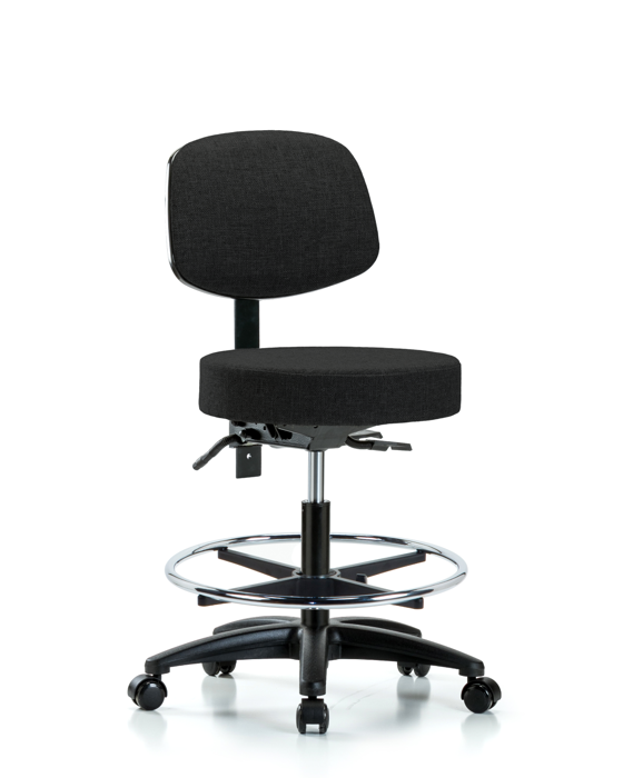 Blue Ridge Ergonomics FMBST-RG-T0-CF-RC-F42 Rutledge Fabric Stool with Back - Medium Bench Height with Chrome Foot Ring & Casters in Black Fabric