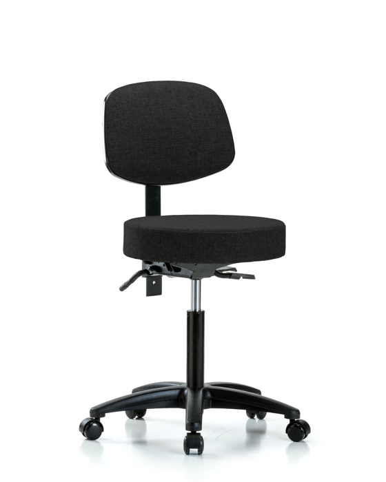 Blue Ridge Ergonomics FMBST-RG-T0-NF-RC-F42 Rutledge Fabric Stool with Back - Medium Bench Height with Casters in Black Fabric