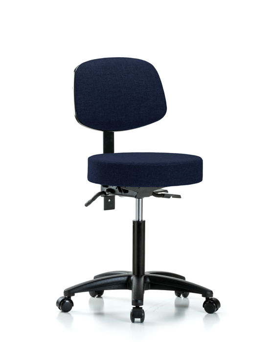 Blue Ridge Ergonomics FMBST-RG-T0-NF-RC-F45 Rutledge Fabric Stool with Back - Medium Bench Height with Casters in Navy Fabric