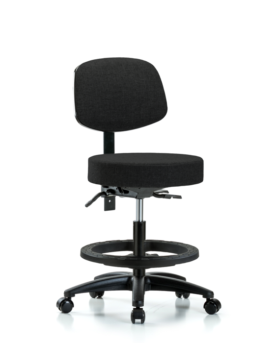 Blue Ridge Ergonomics FMBST-RG-T1-BF-RC-F42 Rutledge Fabric Stool with Back - Medium Bench Height with Seat Tilt, Black Foot Ring, & Casters in Black Fabric