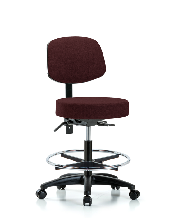Blue Ridge Ergonomics FMBST-RG-T1-CF-RC-F41 Rutledge Fabric Stool with Back - Medium Bench Height with Seat Tilt, Chrome Foot Ring, & Casters in Burgundy Fabric