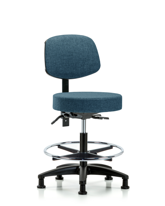 Blue Ridge Ergonomics FMBST-RG-T1-CF-RG-F43 Rutledge Fabric Stool with Back - Medium Bench Height with Seat Tilt, Chrome Foot Ring, & Stationary Glides in Blue Fabric