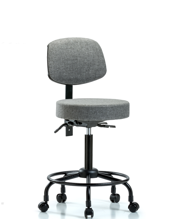 Blue Ridge Ergonomics FMBST-RT-T0-RC-F44 Rutledge Fabric Stool with Back - Medium Bench Height with Round Tube Base & Casters in Gray Fabric