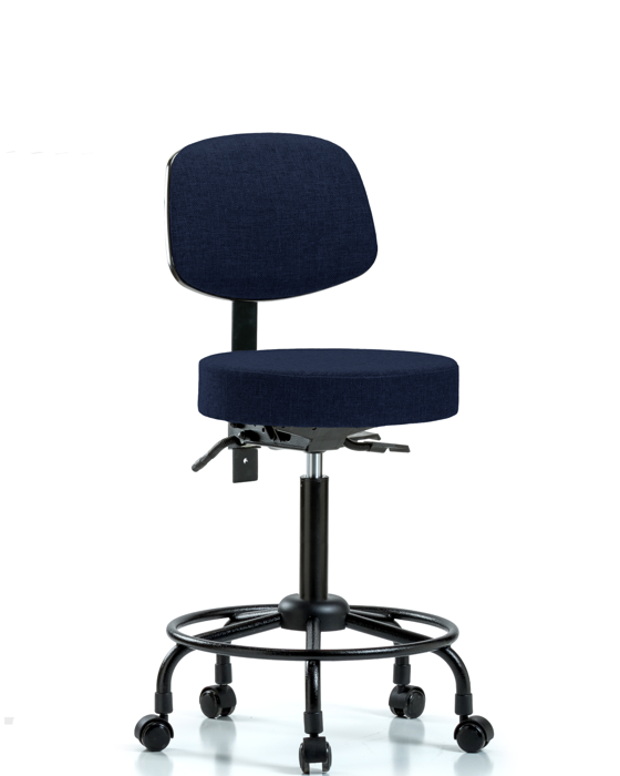 Blue Ridge Ergonomics FMBST-RT-T0-RC-F45 Rutledge Fabric Stool with Back - Medium Bench Height with Round Tube Base & Casters in Navy Fabric