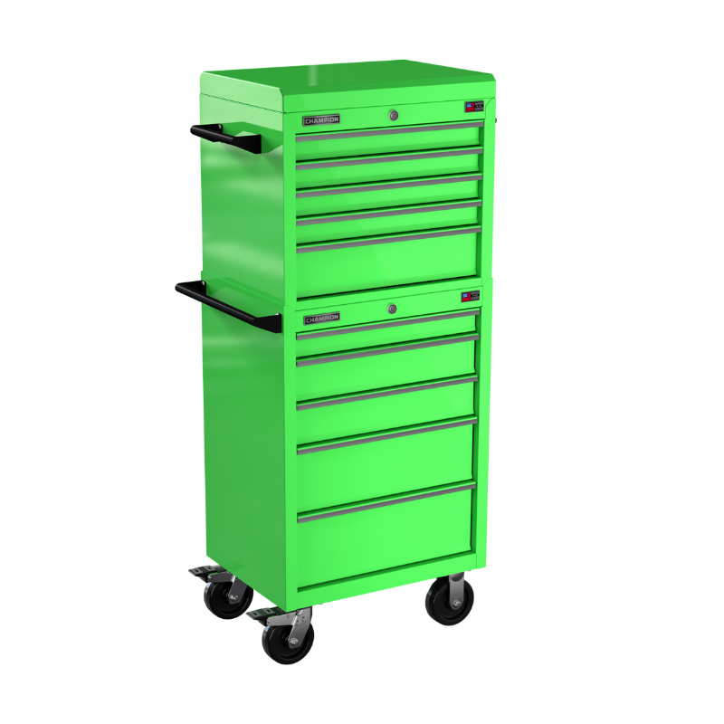 Champion Tool Storage FMP2710RC-EG 10-Drawer Standard Depth 27" FMPRO Combo Roll Cabinet | 27"W x 66"H x 20"D, Electric Green