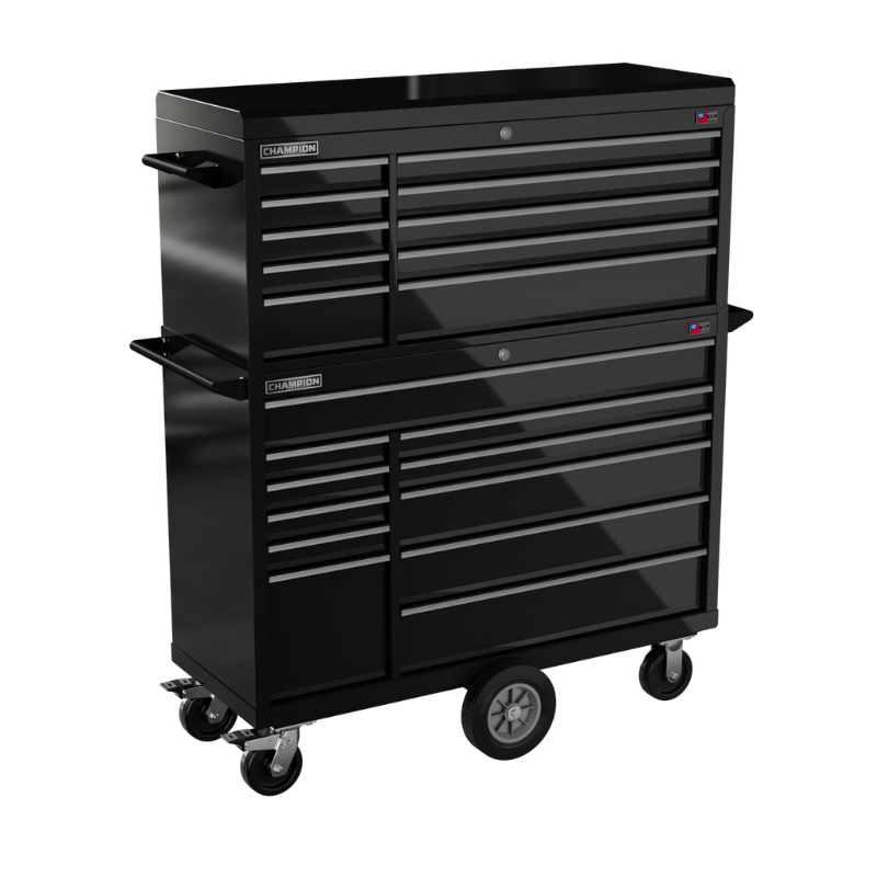 Champion Tool Storage FMP5421MC-BK 21-Drawer Standard Depth 54" FMPRO Combo Maintenance Cart | 54"W x 68"H x 20"D, Gloss Black