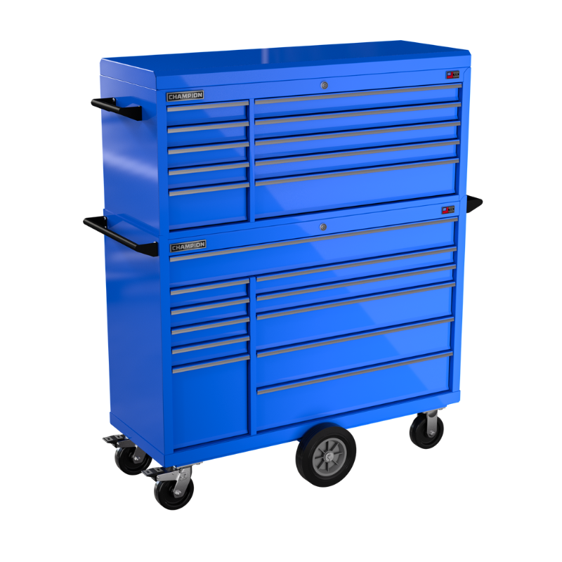 Champion Tool Storage FMP5421MC-BL 21-Drawer Standard Depth 54" FMPRO Combo Maintenance Cart | 54"W x 68"H x 20"D, Gloss Blue