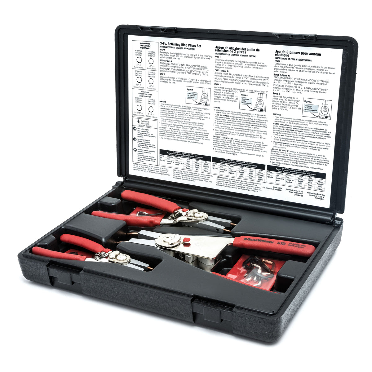 Gearwrench 68-079G 3 Piece Interchangeable Tip Convertible Retaining Ring Plier Set with Tips