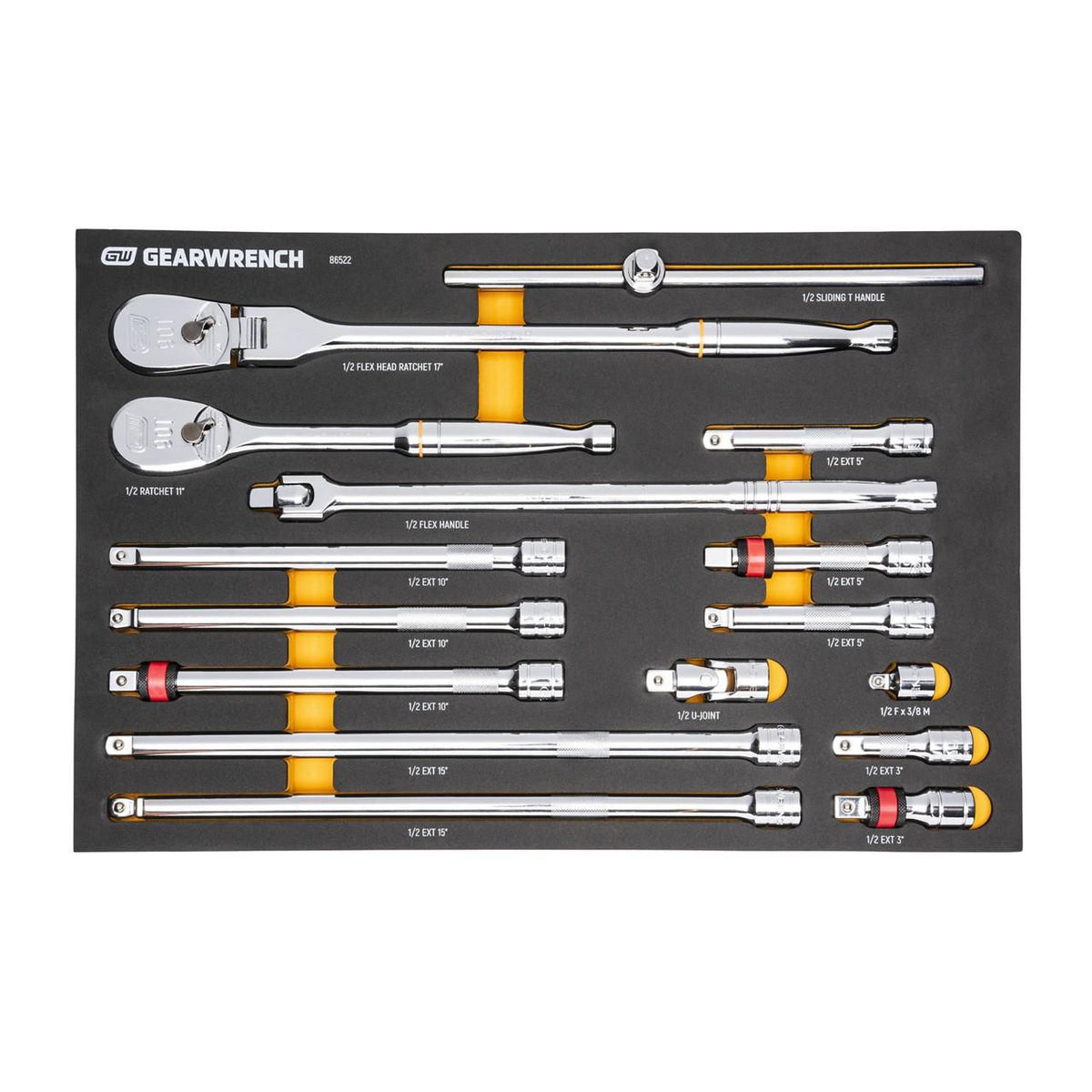 Gearwrench 86522 16 Piece 1/2" 90-Tooth Ratchet & Drive Tool Set with Foam Storage Tray