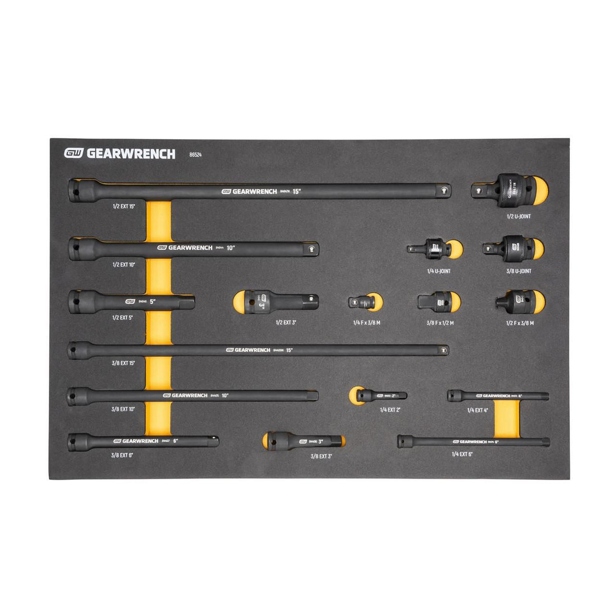 Gearwrench 86524 17 Piece 1/4", 3/8" & 1/2" Impact Drive Tool Accessories Set with Foam Storage Tray