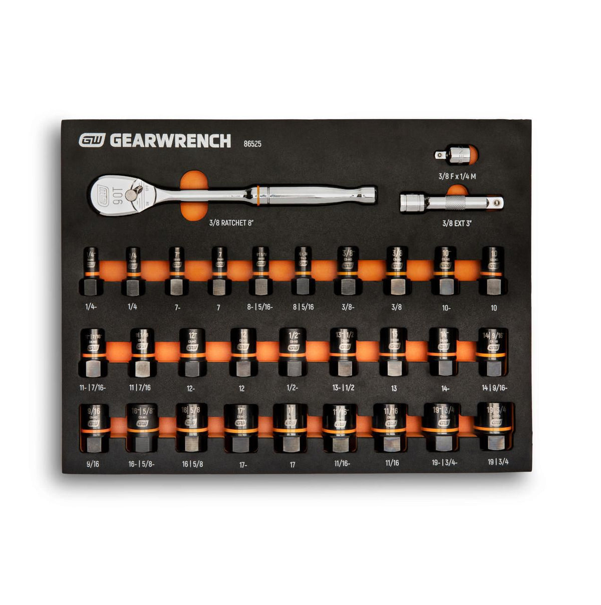 Gearwrench 86525 31 Piece 3/8" Drive 90T Ratchet and Bolt Biter™ Socket Set with Foam Storage Tray