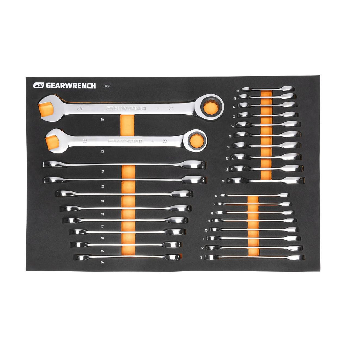 Gearwrench 86527 28 Piece 72-Tooth 12 Point Metric Standard and Stubby Combination Ratcheting Wrench Set with Foam Storage Tray