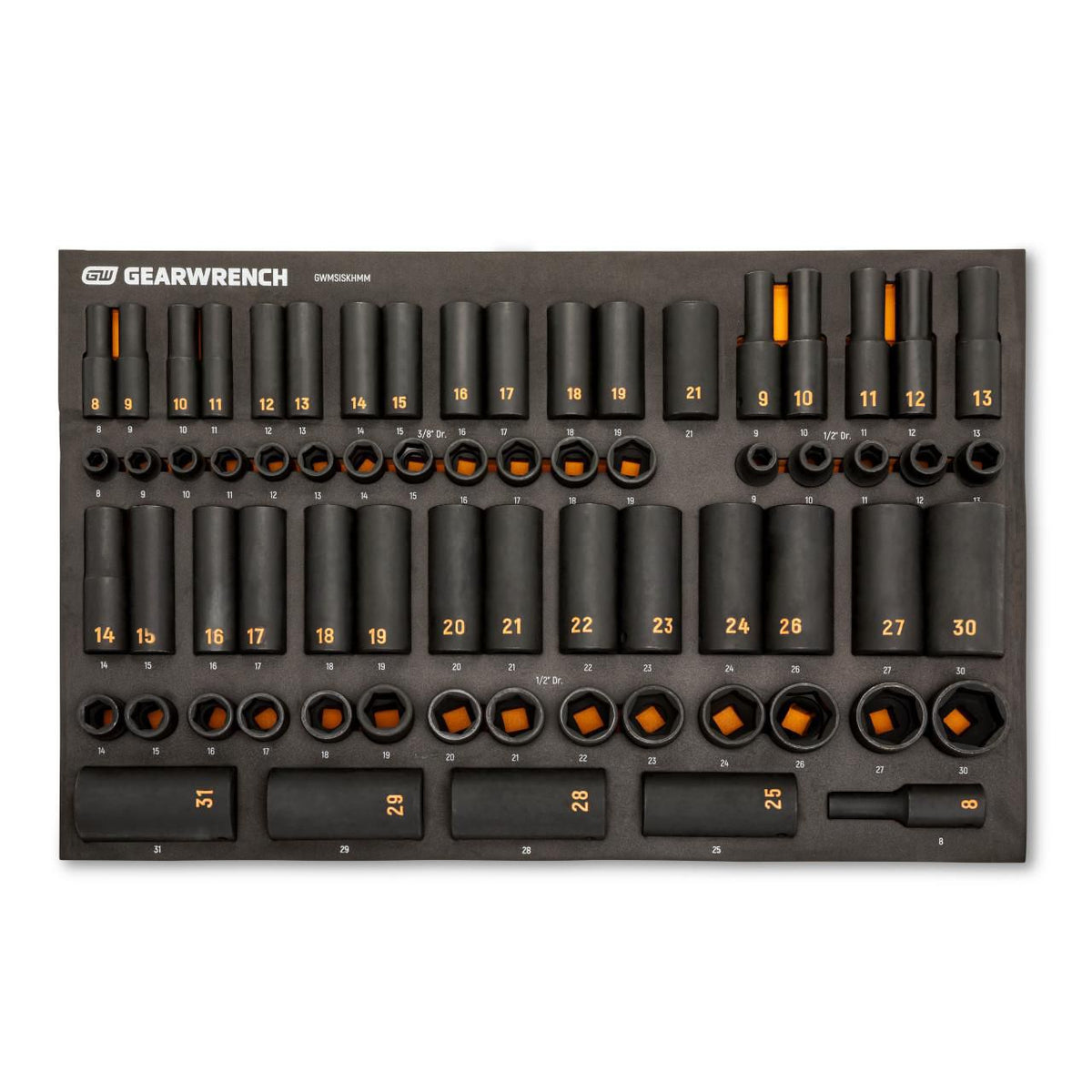 Gearwrench GWMSISKHMM 68 Piece 3/8” & 1/2” Drive 6 Point Metric Standard & Deep Hi-Viz Impact Socket Set in Foam Storage Tray