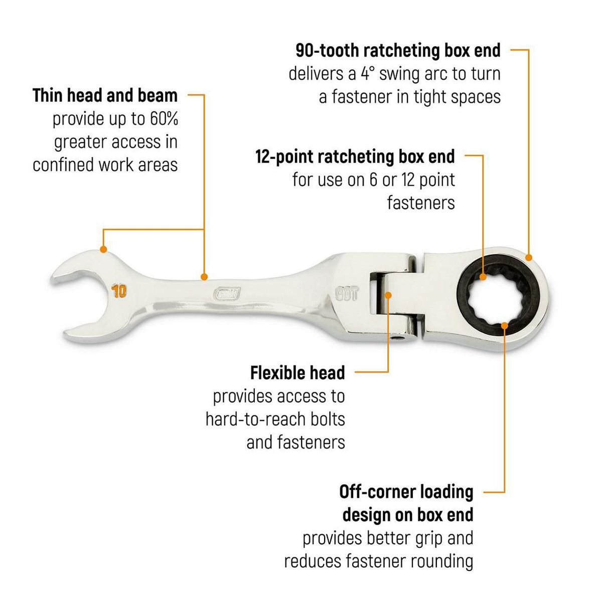 Gearwrench 86870 10 Piece 90-Tooth 12 Point Metric Stubby Flex Ratcheting Combination Wrench Set