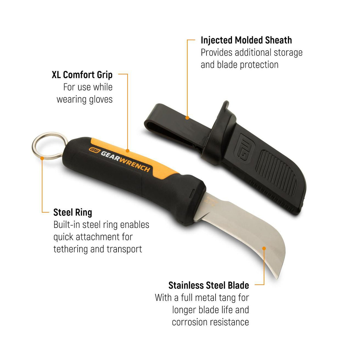 Gearwrench GWKHBFXS Lineman Fixed Blade Hawkbill Knife with Sharp Tip
