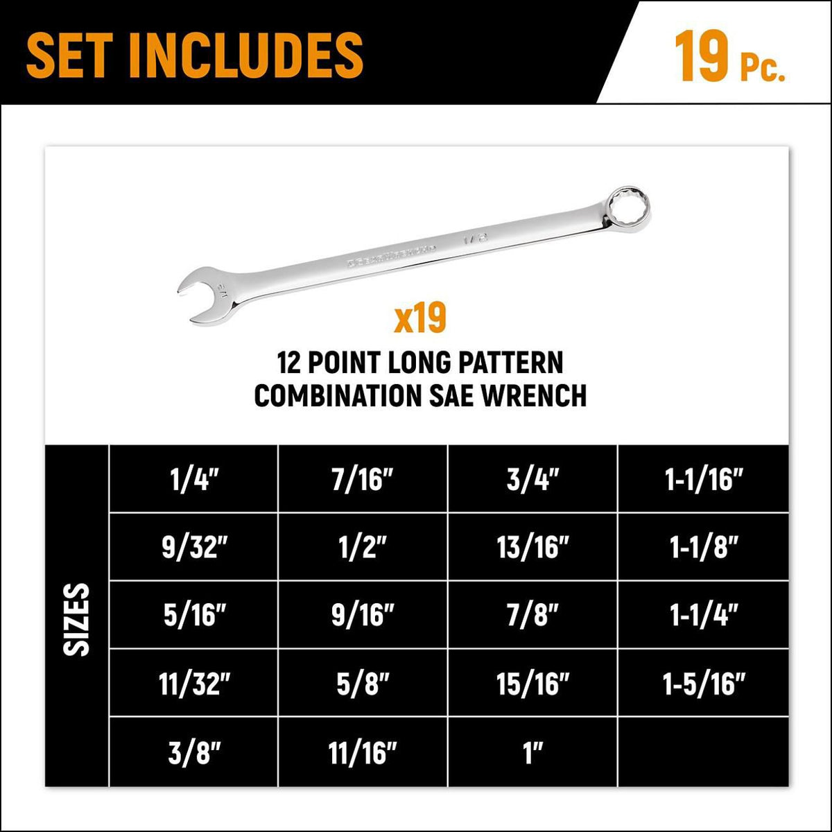 Gearwrench GWMSCWL12SAE 19 Piece 12 Point Long Pattern Combination SAE Wrench Set in Foam Storage Tray