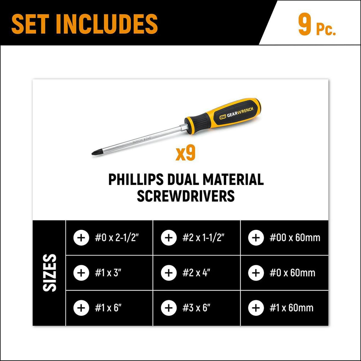 Gearwrench GWMSSCRPH 9 Piece Phillips® Dual Material Screwdriver Set in Foam Storage Tray