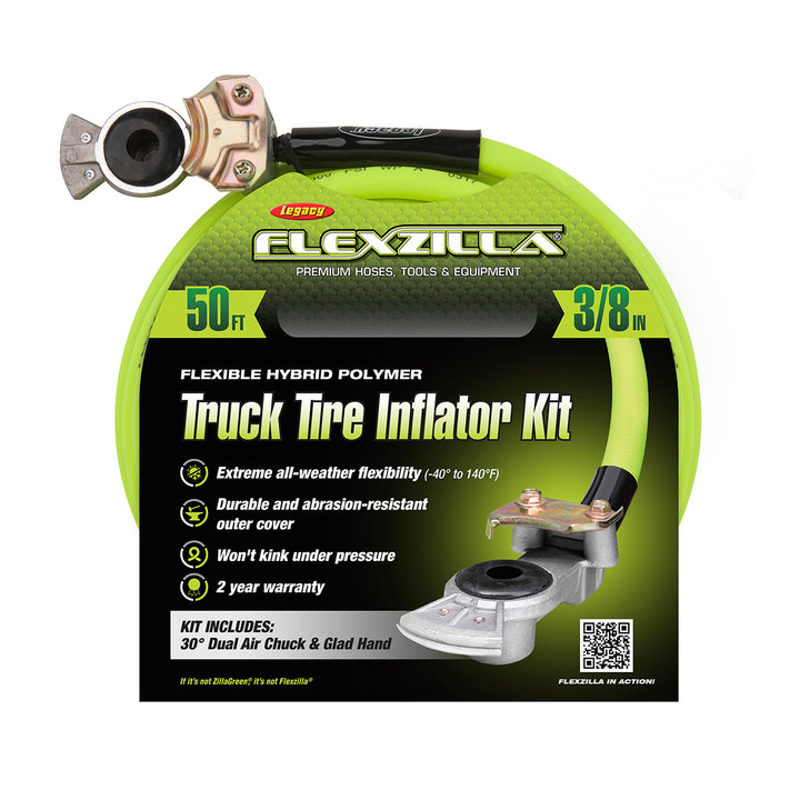 FlexZilla HGH2-FZ Truck Tire Inflator Kit 3-Piece, 3/8" x 50' Hose, Glad-Hand Attachment, 30° Dual Angle and Straight-On Air Chuck