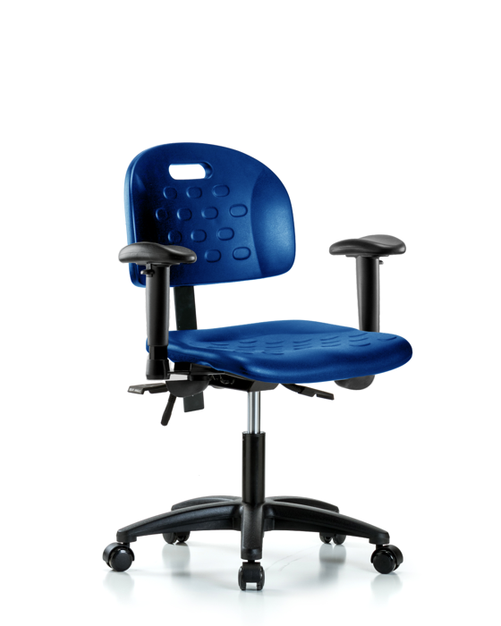 Blue Ridge Ergonomics HPDHCH-RG-T1-A1-RC-BLU Newport Industrial Polyurethane Chair - Desk Height with Seat Tilt, Adjustable Arms, & Casters in Blue Polyurethane