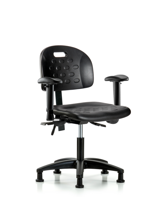 Blue Ridge Ergonomics HPDHCH-RG-T1-A1-RG-BLK Newport Industrial Polyurethane Chair - Desk Height with Seat Tilt, Adjustable Arms, & Stationary Glides in Black Polyurethane