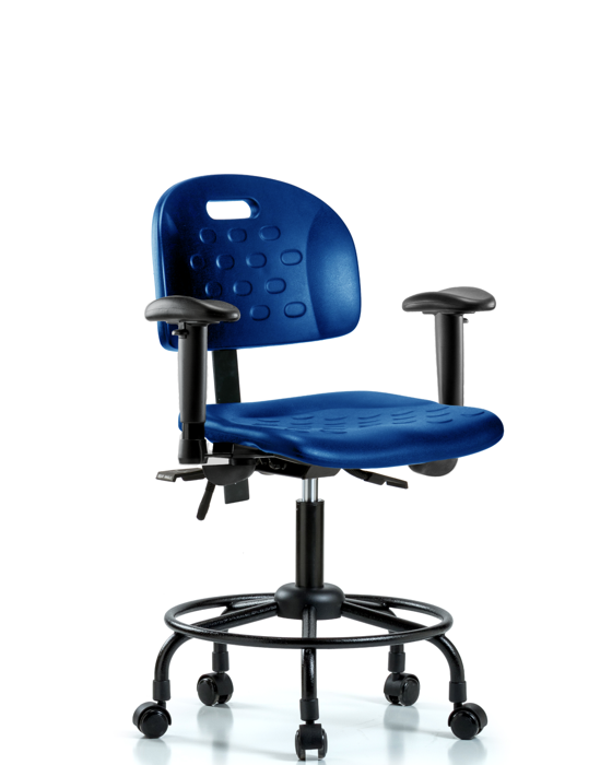 Blue Ridge Ergonomics HPDHCH-RT-T0-A1-RC-BLU Newport Industrial Polyurethane Chair with Round Tube Base - Desk Height with Adjustable Arms & Casters in Blue Polyurethane